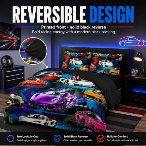 AILONEN 7-Piece Racing Car Comforter Sets Twin Size,Extreme Sports Bedding Set Bed in a Bag for Kids Boys Teens,Cool Speed Race Comforter & Fitted Sheet with Flat Sheet & 2 Pillowcases,2 Pillow Shams