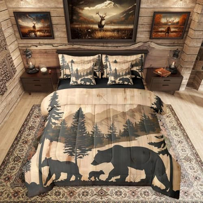 Rustic Bear 7 Pcs Bedding Set King Size,Hunting Cabin Lodge Bed in a Bag,Watercolor Mountain Trees Bed Set Includes Comforter,Sheet Set,Pillowcases & Pillow Covers,Wooden Plank Farmhouse Bedroom Decor