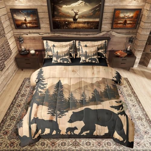 Rustic Bear 7 Pcs Bedding Set Twin Size,Hunting Cabin Lodge Bed in a Bag,Watercolor Mountain Trees Bed Set Includes Comforter,Sheet Set,Pillowcases & Pillow Covers,Wooden Plank Farmhouse Bedroom Decor
