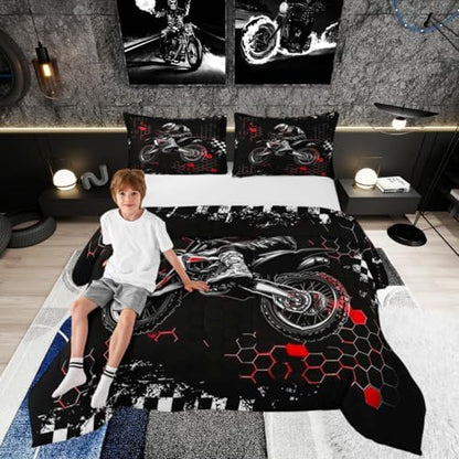 Castle Fairy Dirt Bike Comforter Set King Size,Extreme Sports Racing Car Down Alternative Adults Bedroom Decor,Red Geometric Honeycomb Ultra Soft Microfiber Inner Fill 3 Pcs Bedding