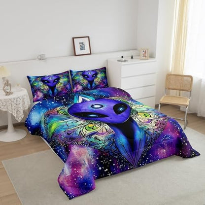 Trippy Alien Comforter Set Full Galaxy Hippie Bedding Set for Kids Boys Teens Trippy Room Decor, Outer Space Solar System Duvet Sets Boho Psychedelic Tie Dye Down Comforter with 2 Pillow Cases