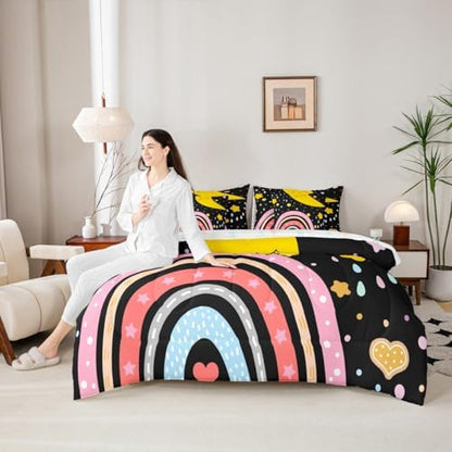Erosebridal Rainbow Twin Comforter Set 7 Piece Cartoon Star Moon Bed in A Bag with Sheets for Kids Girls Boys Cute Rainbow Black Bedding Set Love Hearts Polk Dots Bed Set Kawaii Room Decor