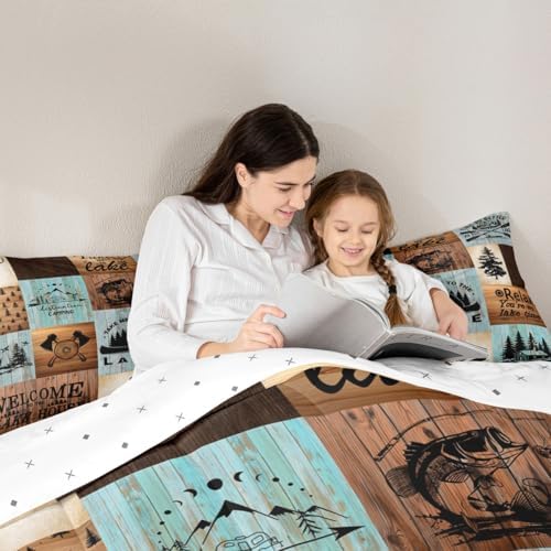 Lake House Comforter Set Queen Size,Outdoor Camping Quilt Set Fish Bear Anchor Pine Rustic Farmhouse Bedding Set Kids Boys Girls Brown Green Grid Patchwork Plaid Duvet Insert Adult Room Decor