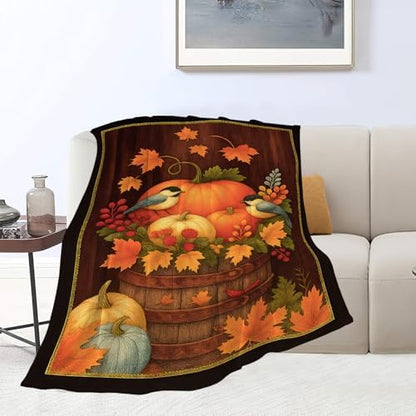 Fall Pumpkin Blanket Super Soft Warm Fluffy Farm Fleece Flannel Farmhouse Autumn Throw Blanket Cozy Fuzzy Plush Thanksgiving Stuff Bedding Blankets Gifts for Women Kids Boys Girls Adults 80"X60"