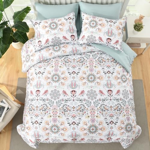 DHSFKBE Boho Comforter Set King - 7 Pieces Bed in a Bag Floral Design, Bohemian Comforter Set with Sheets, Soft Microfiber Complete Bedding Sets All Season (Light Green, King)