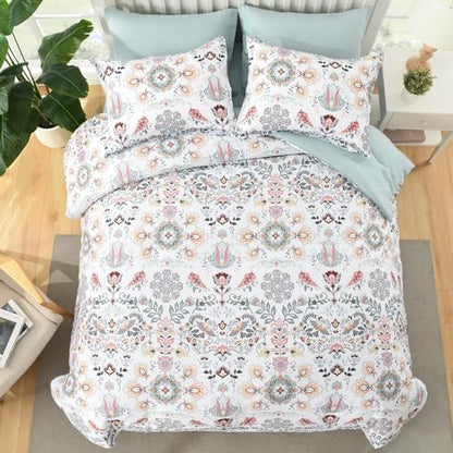 DHSFKBE Boho Comforter Set King - 7 Pieces Bed in a Bag Floral Design, Bohemian Comforter Set with Sheets, Soft Microfiber Complete Bedding Sets All Season (Light Green, King)