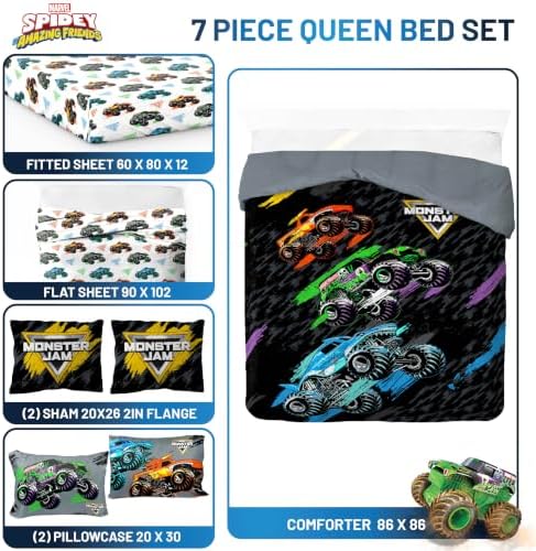 Monster Jam Trucks Queen Comforter Set 7 Piece Kids Bedding for Boys, Black