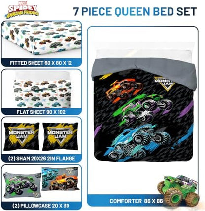 Monster Jam Trucks Queen Comforter Set 7 Piece Kids Bedding for Boys, Black
