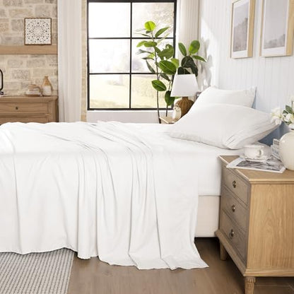 ROSE&RISY White King Sheet Set, Pre-Washed Cotton-Like Brushed Microfiber, 4 Pcs Super Soft Breathable Cooling Bed Sets,Includes 1 Fitted, 1 Flat, 2 Pillowcases (White, King)
