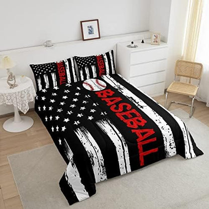 Erosebridal Baseball Bedding Set American Flag Comforter Set Queen Sports Decor for Boys Bedroom Grunge Striped Duvet Set Vintage Style Quilt Sets USA Flag Stars Down Alternative Comforter,Black White