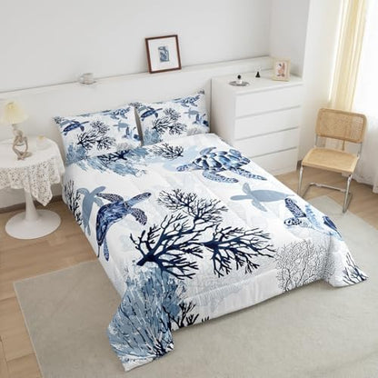 Erosebridal Hawaiian Turtle Bedding Set King Size Retro Sea Turtle Comforter, Reptile Tortoise Duvet Quilt Set for Boys Girls White Blue Coastal Beach Theme Marine Life Bedroom Decor