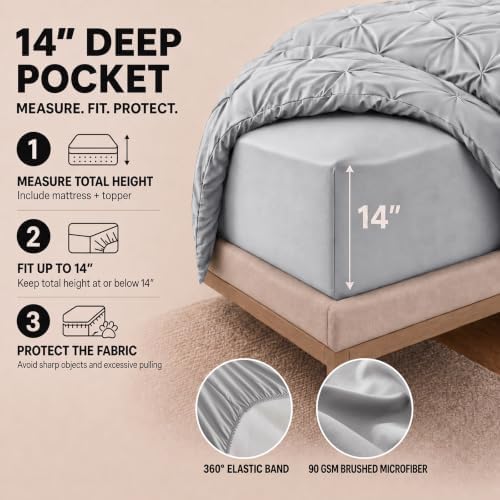 HIMEET Full Size Comforter Set Light Grey - 7 Pieces Pintuck Bed in a Bag