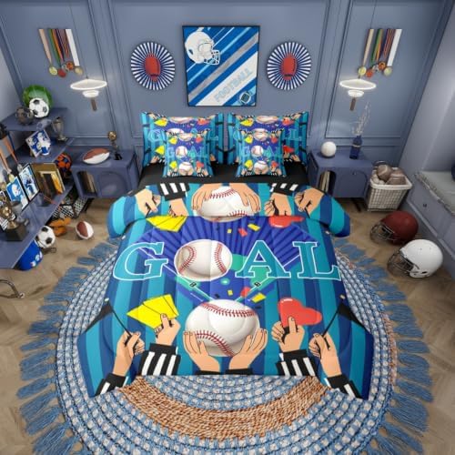 Erosebridal Boys Baseball Gaming Pattern Navy Blue Boys Kids 7 Piece Bedding Set Twin | Playground Comforter Set with Sheets Ball Games Sports Theme Bed in A Bag Stripes Geometric Bed Sets