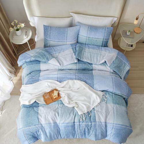 mixinni King Comforter Set 3 Piece Modern Buffalo Checkered Lightweight Comforter Geometric Plaid Pattern Blue Bedding Set for Women and Men-King Size