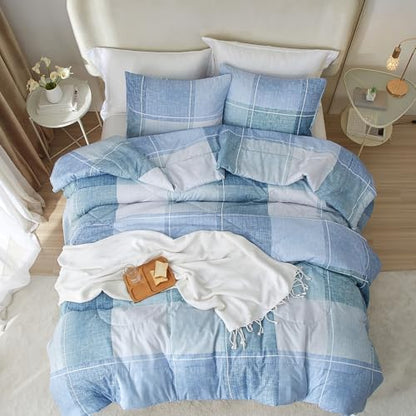 mixinni King Comforter Set 3 Piece Modern Buffalo Checkered Lightweight Comforter Geometric Plaid Pattern Blue Bedding Set for Women and Men-King Size