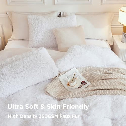 Andency White Queen Comforter Set, Fluffy Faux Fur Warm Bedding Set