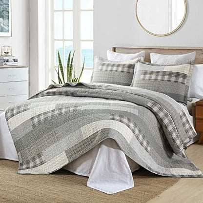 Y-PLWOMEN 100% Cotton Quilts Queen Size Farmhouse Striped 3-Pieces Bedding