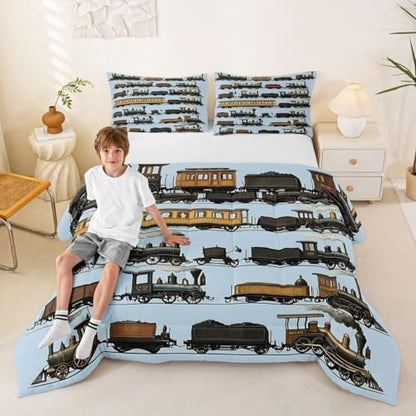 Erosebridal Vintage Steam Train Comforter Set King Travel Locomotive Train Bedding Set Transport Vehicle Comforter for Kids Boys Girls Steampunk Railway Quilt Duvet Blue