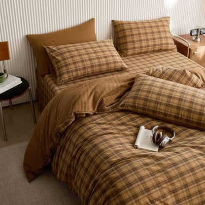 LifeTB Vintage Buffalo Plaid Duvet Cover Set Full Size, Soft 100% Washed Cotton Gingham Bedding Set with Mustard Yellow&Brown Grid, Breathable Farmhouse Gingham Duvet Cover with 2 Pillowcases