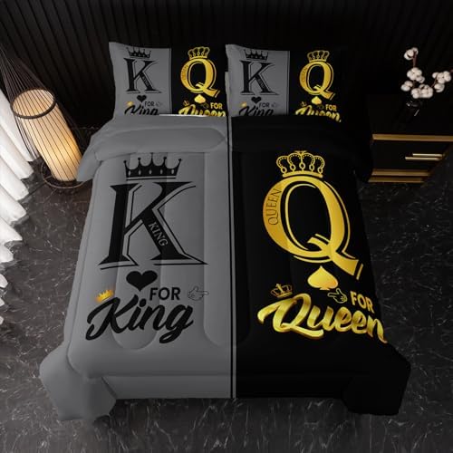 Nttopship King and Queen Crown Comforter Set Black and Gray Couple Bedding Set，3Pcs Mr Mrs Comforter Set for Adults Couple Men Women,His and Hers Quilt Set 2 Pillowcases Bedroom Decor Full