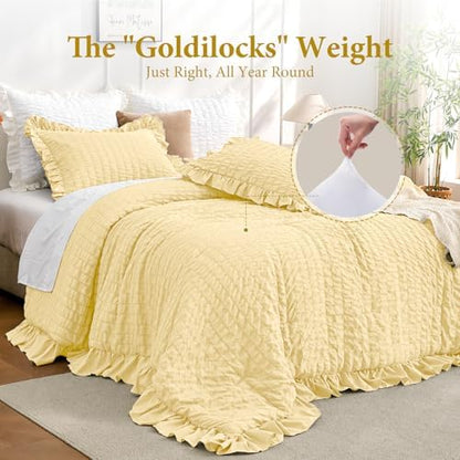 JOLLYVOGUE King Size Comforter Set, 3 Pieces Light Yellow Seersucker Comforters King Size, Lightweight & Fluffy Bedding Sets King for All Season with 1 Ruffle Comforter and 2 Ruffle Pillowshams