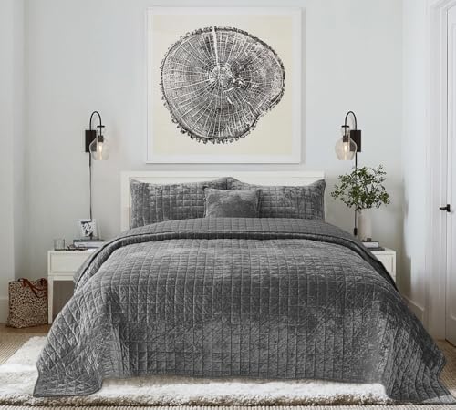 Quilt Set Queen Size 90x98 Luxurious Velvet Bedding Sets with 2 Pillow Shams 20x26 3 Pieces Ultra Soft Quilted Bedspread Coverlet Comforter for All Season,Gray