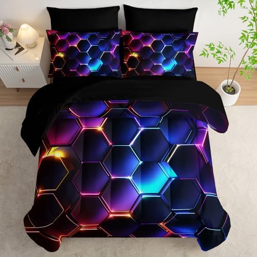 HOSIMA 7Pcs 3D Honeycomb Boys Comforter Set Queen with Bed Sheet Sets.