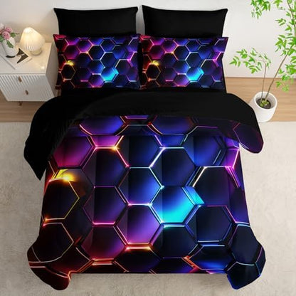HOSIMA 7Pcs 3D Honeycomb Boys Comforter Set Queen with Bed Sheet Sets.