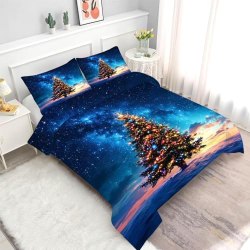 Christmas Tree Comforter Set King Size Galaxy Bedding for Girls Teen Women Blue Xmas Holiday Space Bedroom Quilt Bed Sets, 1 Comforter 2 Pillowcases