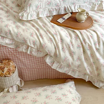 mixinni Pink Floral Duvet Cover Set King Size - 100% Cotton Ruffle Lace Bedding Set for Girls, Romantic Cottagecore Style Duvet Cover with Zipper Closure, Soft Aesthetic Princess Bedding-King