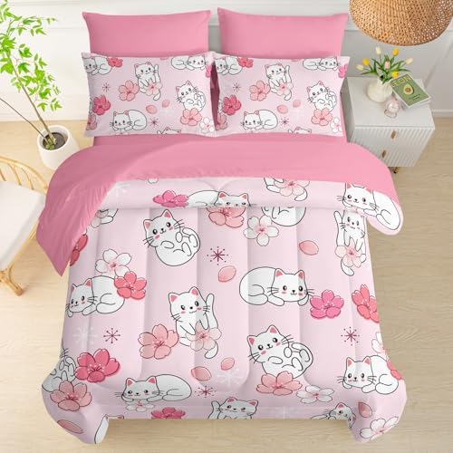 QOOMO Pink Cat 7 Pieces Comforter Set Twin,Sakura Cat Bedding Set for Kids