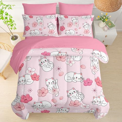 QOOMO Pink Cat 7 Pieces Comforter Set Twin,Sakura Cat Bedding Set for Kids