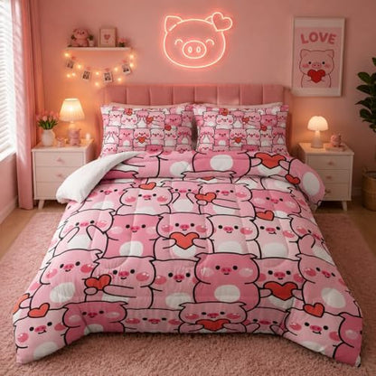 Pink Pig Comforter Set Full，Kawaii Pink Cute Animals Bedding Set for Kids Boys Girls Teens Room Decor Kawaii Animals Comforter Set Farmhouse Wildlife Theme Bedroom Living Room Decor，All Season