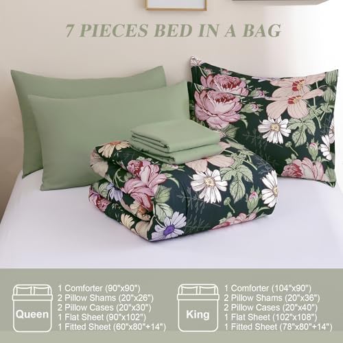 Luxudecor Floral Comforter Set-7 Pieces Bed in a Bag King,Pink Flowers Flower Print on Dark Green Bedding Set,Soft Microfiber Comforter with Sheets for All Seasons (Dark Green-Pink,104"x90")