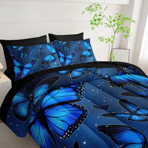 7Pcs Blue Butterfly Comforter Set Animals Printed Bedding Set with 1 Comforter, 1 Flat Sheet, 1 Fitted Sheet and 4 Pillowcases for Boys and Girls Bedroom (Butterfly Queen