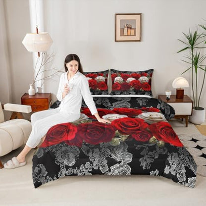 Red and White Rose Print Comforter Set Full Aldults Teens 3D Floral Room Decor Romantic Lace Pattern Bedding Set,Soft Lightweight Modern Flowers Duvet,Youth Young Man Quilt,1 Comforter + 2 Pillowcase