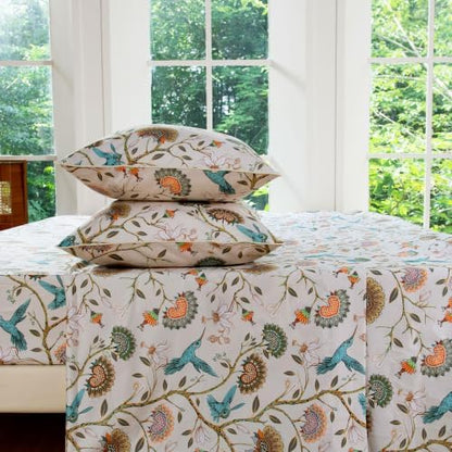 FADFAY Cal King 100% Egyptian Cotton Sheets Set 4 Piece, Luxury Cottagecore Botanical Floral Bird Print Ultra Soft Cooling Bed Sheets, Breathable Deep Pocket Hotel Quality Bedding for Hot Sleepers