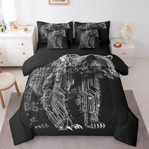 Erosebridal Boys Black Bear Bed in A Bag with Sheets Queen Robot Bear 7 Piece Comforter Set Modern Mechanical Animal Bedding Set,Cool Wildlife Bedding Comforter Sets for Kids Teens Men