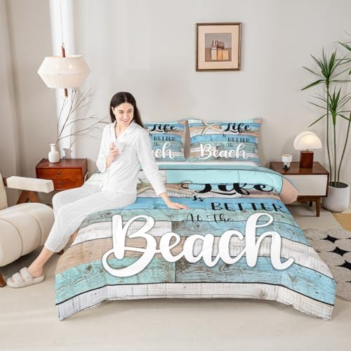 Beach Life Comforter Set Full Size,Cute Starfish Bedding Set 3pcs,Rustic Farmhouse Down Comforter for Kids Boys Girls Teens Room Decor,Retro Blue Wooden Plank Bed Set for All Season,2 Pillowcases
