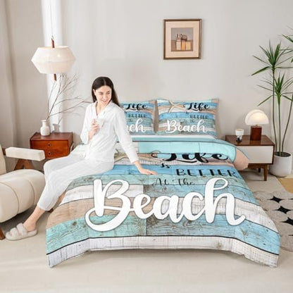 Beach Life Comforter Set Full Size,Cute Starfish Bedding Set 3pcs,Rustic Farmhouse Down Comforter for Kids Boys Girls Teens Room Decor,Retro Blue Wooden Plank Bed Set for All Season,2 Pillowcases