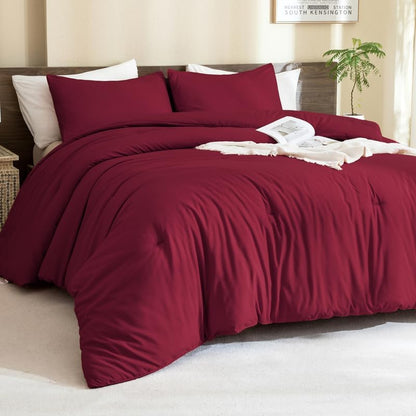 Paxrac Burgundy King Size Comforter Set, 3 Pieces Lightweight Solid Bedding Set, Soft Fluffy Comforter, All Season Bed Set (104"x90" Comforter & 2 Pillowcases)