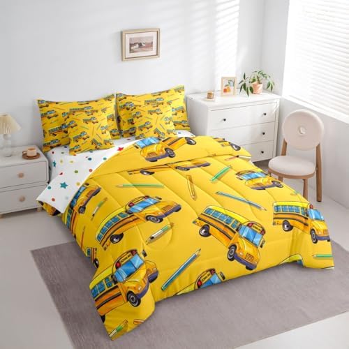 Erosebridal School Bus Queen Bed in A Bag for Home, School Truck Comforter Set with Sheets for Kids Boys Girls Teens Bedroom Decor, Cartoon Car Theme 7 Pcs Bedding Set, Yellow Bed Sets