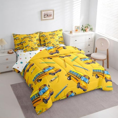 Erosebridal School Bus Queen Bed in A Bag for Home, School Truck Comforter Set with Sheets for Kids Boys Girls Teens Bedroom Decor, Cartoon Car Theme 7 Pcs Bedding Set, Yellow Bed Sets