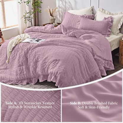 JOLLYVOGUE Dusty Purple Queen Comforter Set,3pcs Ruffle Seersucker Bed Set