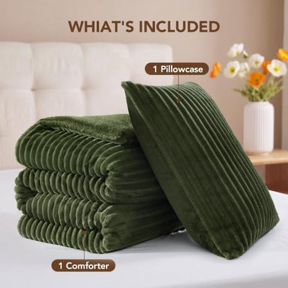 HYLEORY Fluffy Twin Comforter Set 2 Pieces - Fleece Fluffy Soft & Warm Plush Olive Green Comforter Sets, Luxury Fuzzy Bedding Sets, All Season Heavy Bed Set Twin Size with 1 Pillowcase