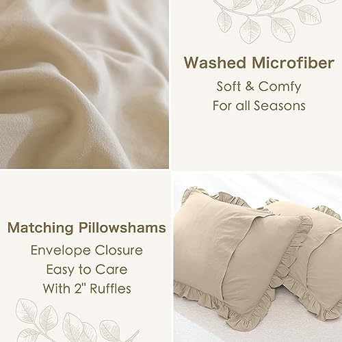 Masaca Ruffled Comforter Set Queen,3-Piece Farmhouse Shabby Boho Chic Bedding,Ultra Soft Fluffy Ruffle Bed Comforter Set (1 Wheat Comforter+2 Ruffle Pillow Shams)