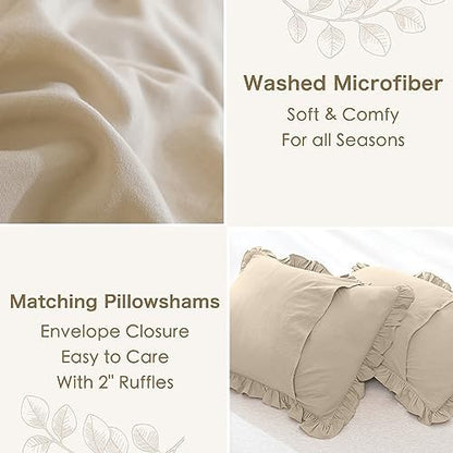 Masaca Ruffled Comforter Set Queen,3-Piece Farmhouse Shabby Boho Chic Bedding,Ultra Soft Fluffy Ruffle Bed Comforter Set (1 Wheat Comforter+2 Ruffle Pillow Shams)