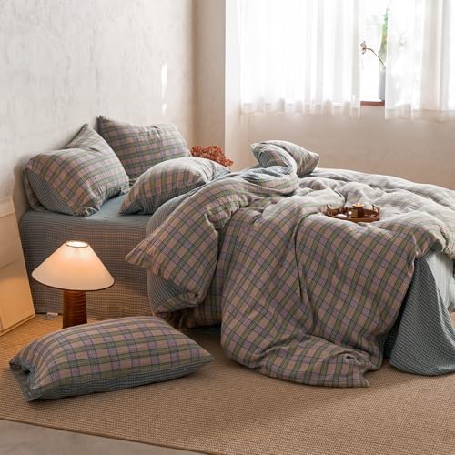 Vintage Buffalo Plaid Gingham Duvet Cover King 100% Cotton Muslin Duvet Cover Retro Green&Pink&Purple Plaid Checkered Comforter Cover with 2 Pillowcases Breathable Gauze Grid Gingham Bedding Set