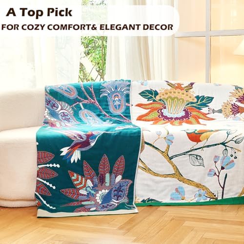 VANJOROY Boho Throw Blanket, 100% Organic Cotton Breathable Skin-Friendly Ultra Soft Bed Quilt Throw - All Season Floral Bird Farmhouse Décor Luxury Blanket for Sofa Couch Chair and Gift. 91" x 98"