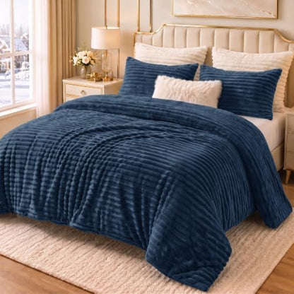 CozyLux Fleece Full Size Comforter Sets, 3 Piece Warm Mineral Blue Bedding